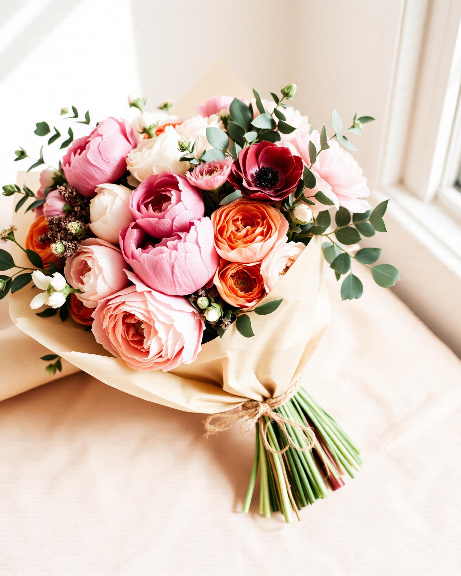 Hand-tied bouquet of peonies, garden roses and anemones wrapped in craft paper